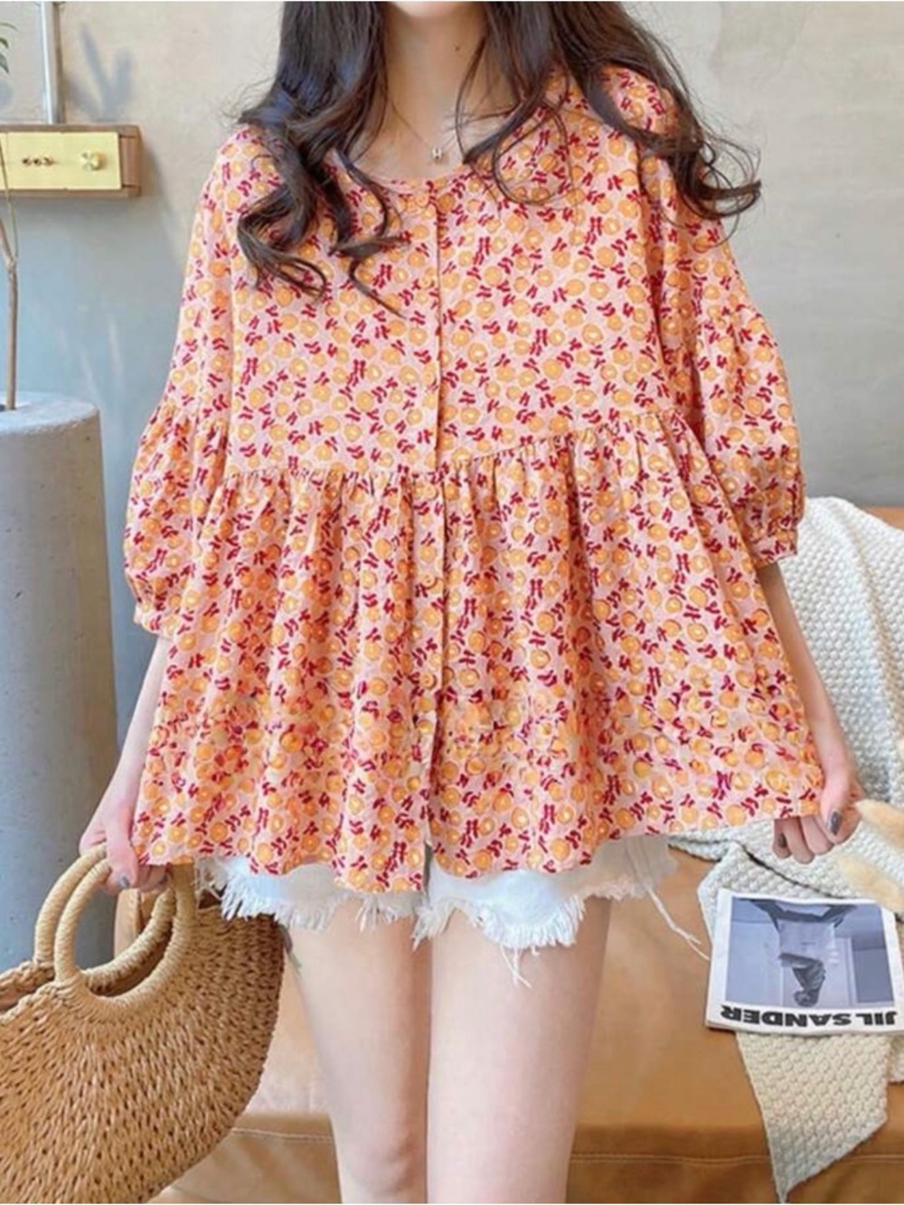 Women's Floral Peplum Button-Front Top - Pink Orange